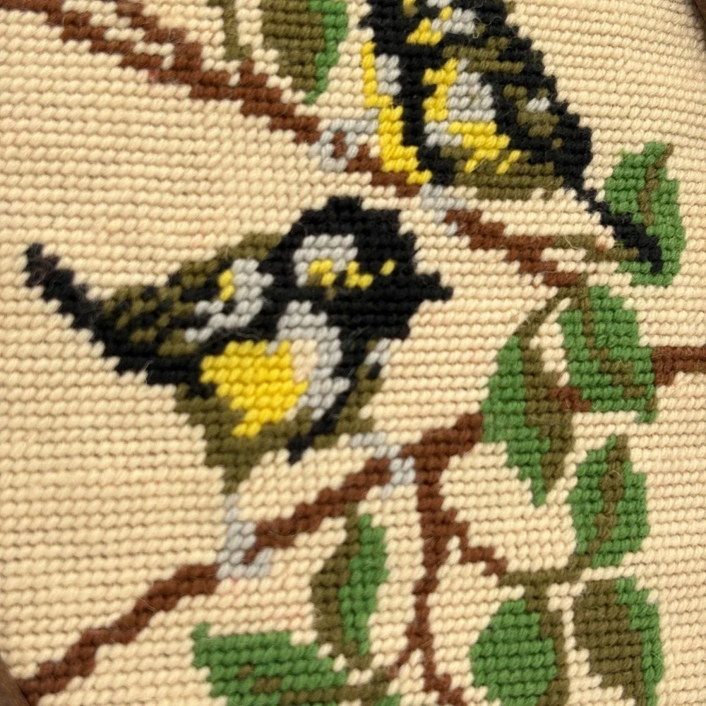 Vintage 1988 Handmade Needlepoint Bird Art Oval Frame Two Great Birds 8 x 10
